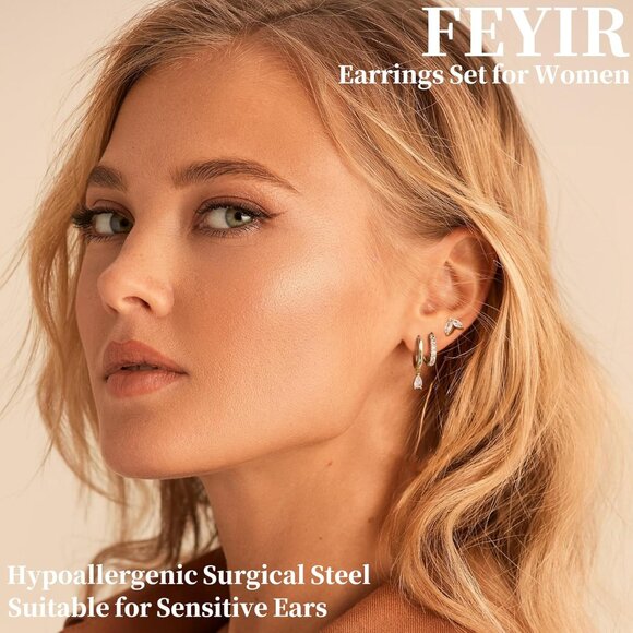 Dainty 14 Pairs Gold Hoop and Stud Earrings Set for Women, Hypoallergenic, Stack - Picture 2 of 7